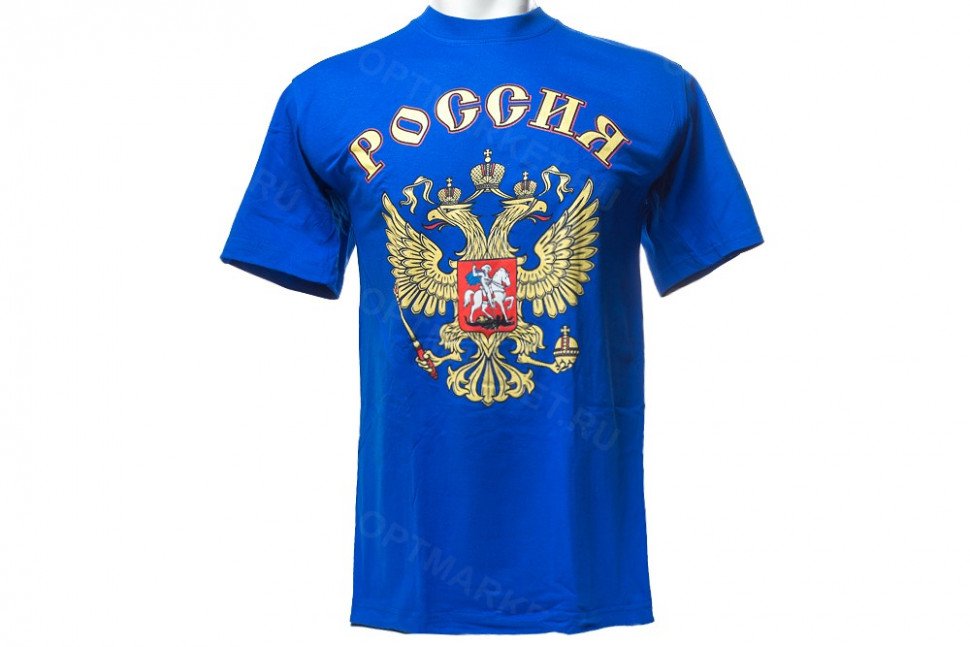 Футболка синяя Герб России оптом 