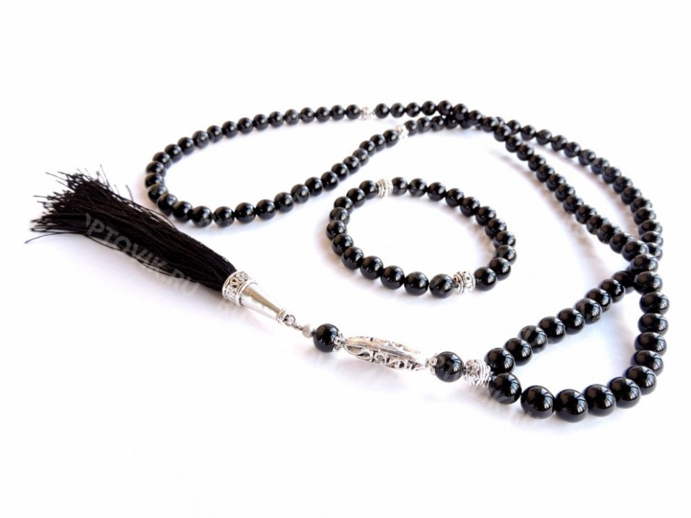Чётки 99 бусин и браслет из чёрного агата (комплект ) оптом 