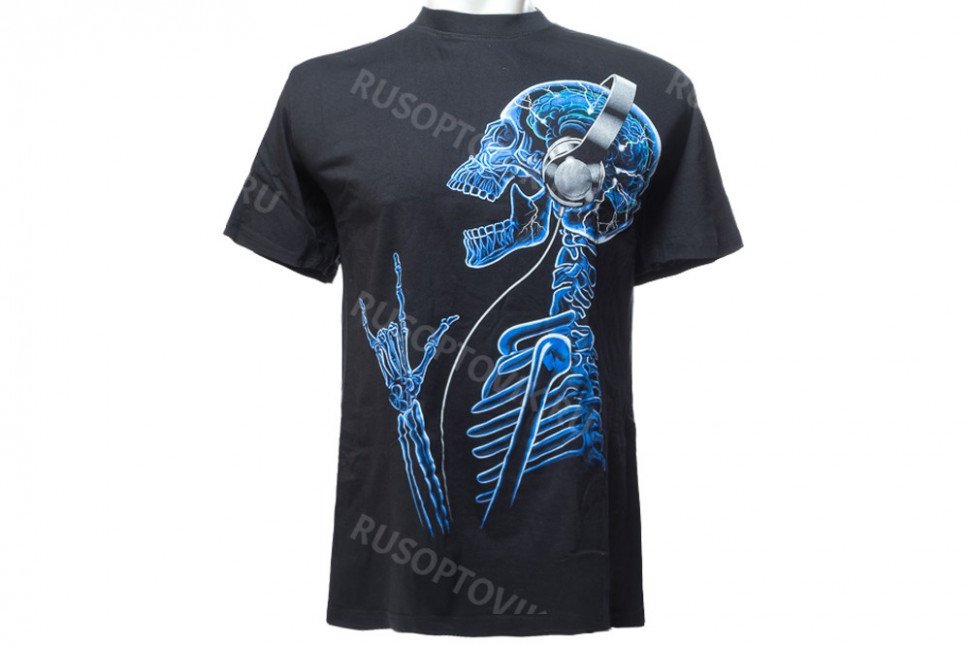 Футболка скелет в наушниках с козой оптом Футболка скелет в наушниках с козой оптом
