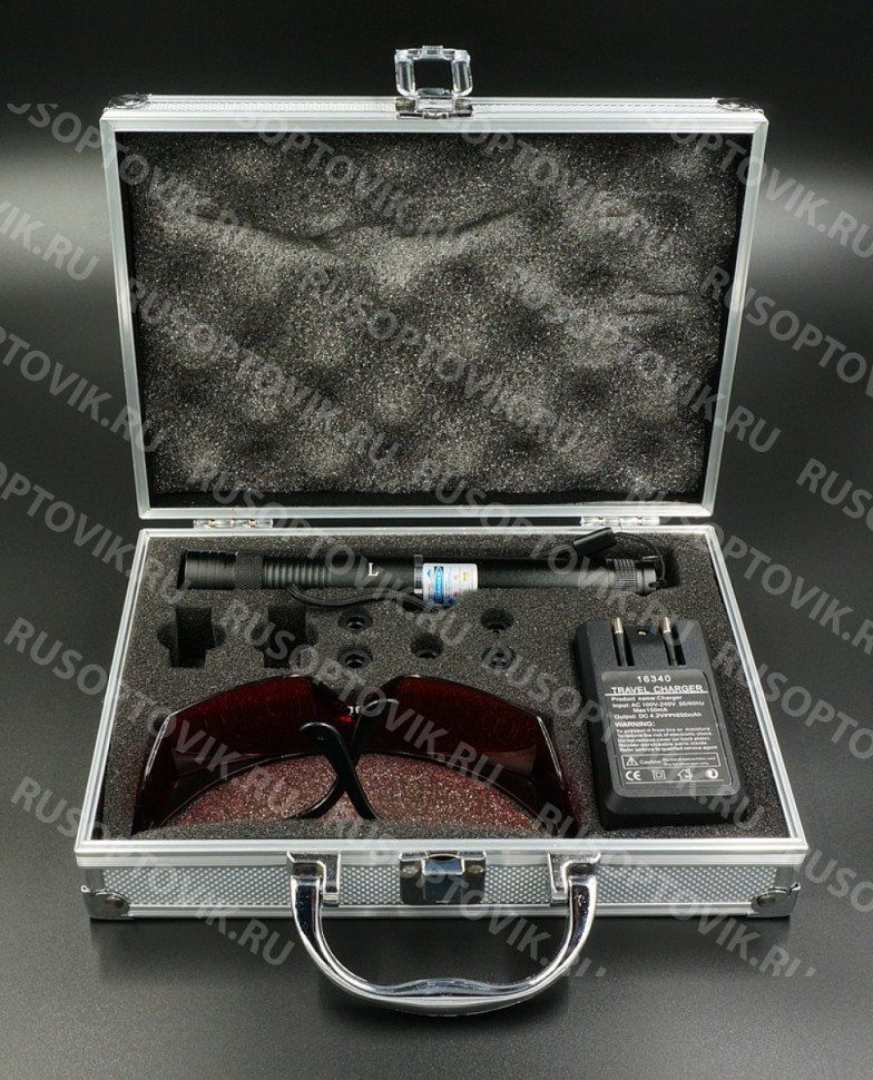 Мощная синяя лазерная указка с 5 насадками, очками и кейсом оптом 