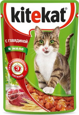 "Kitekat" для взрослых кошек, с говядиной в желе, 85 г 