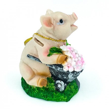 Копилка &quot;Свинка с тележкой цветов&quot; полистоун оптом 