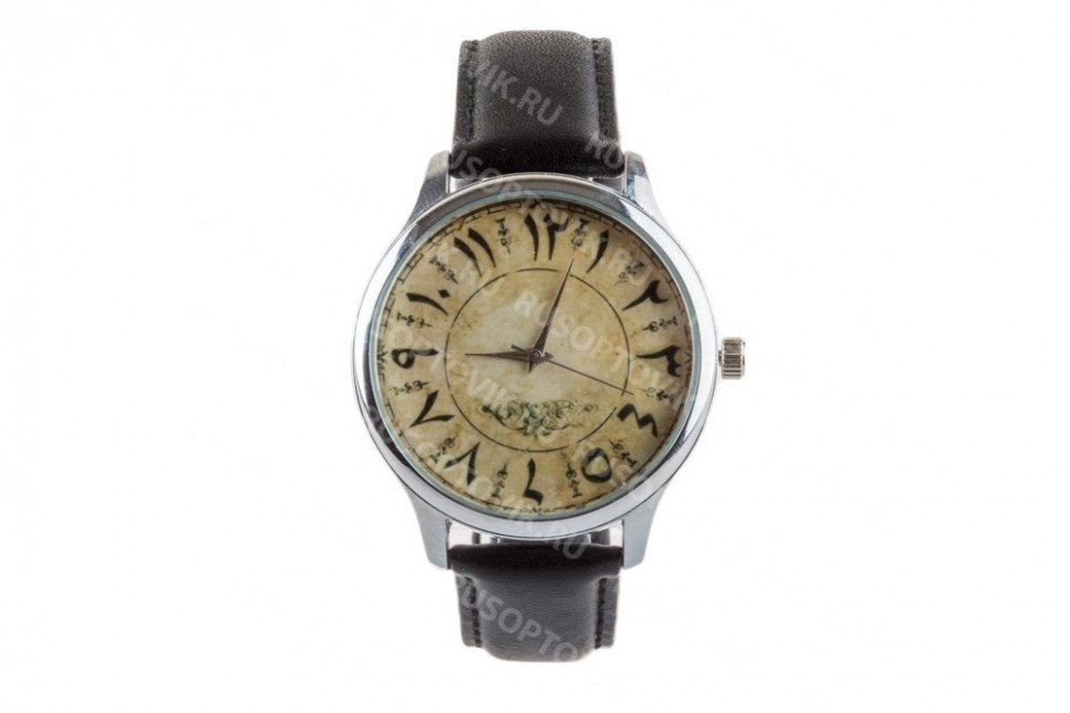 Кварцевые часы "Арабский винтаж" на классическом чёрном ремешке из натуральной кожи оптом 